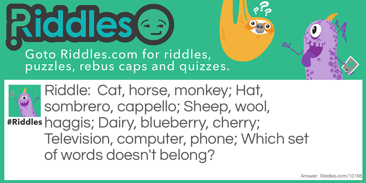 Riddle: Cat, horse, monkey; Hat, sombrero, cappello; Sheep, wool, haggis; Dairy, blueberry, cherry; Television, computer, phone; Which set of words doesn't belong? Answer: Dairy, blueberry, cherry; All sets of words have a common theme, but this set of words is the only one that rhymes.