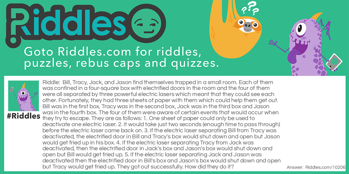 Bill, Tracy, Jack, and Jason find themselves trapped in a small room. Each of them was confined in a four-square box with electrified doors in the room and the four of them were all separated by three powerful electric lasers which meant that they could see each other. Fortunately, they had three sheets of paper with them which could help them get out. Bill was in the first box, Tracy was in the second box, Jack was in the third box and Jason was in the fourth box. The four of them were aware of certain events that would occur when they try to escape. They are as follows: 1. One sheet of paper could only be used to deactivate one electric laser. 2. It would take just two seconds (enough time to pass through) before the electric laser came back on. 3. If the electric laser separating Bill from Tracy was deactivated, the electrified door in Bill and Tracy's box would shut down and open but Jason would get fried up in his box. 4. If the electric laser separating Tracy from Jack was deactivated, then the electrified door in Jack's box and Jason's box would shut down and open but Bill would get fried up. 5. If the electric laser separating Jack and Jason was deactivated then the electrified door in Bill's box and Jason's box would shut down and open but Tracy would get fried up. They got out successfully. How did they do it?