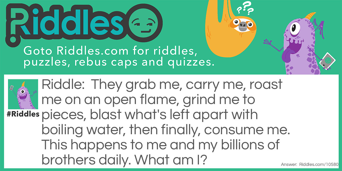 They grab me, carry me, roast me on an open flame, grind me to pieces, blast what's left apart with boiling water, then finally, consume me. This happens to me and my billions of brothers daily. What am I?