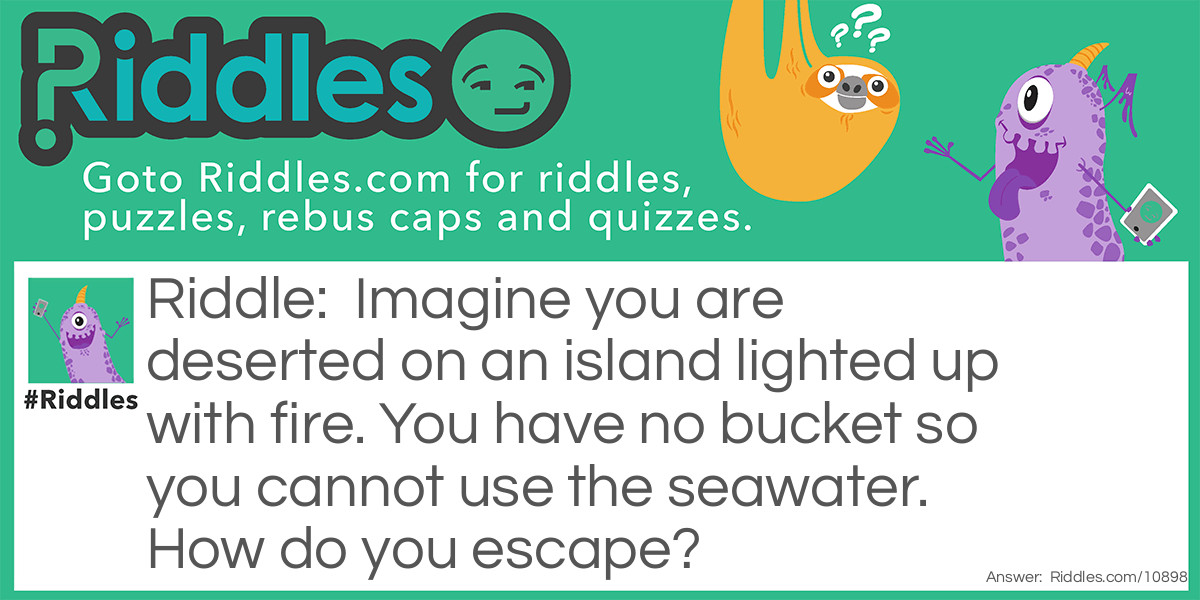 Imagine you are deserted on an island lighted up with fire. You have no bucket so you cannot use the seawater. How do you escape?