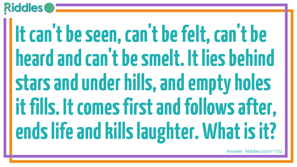 Riddle: It can't be seen, can't be felt, can't be heard, and can't be smelt. It lies behind stars and under hills, And empty holes it fills. It comes first and follows after, Ends life, and kills <a href="https://www.riddles.com/funny-riddles">laughter</a>. What is it? Answer: The dark.
