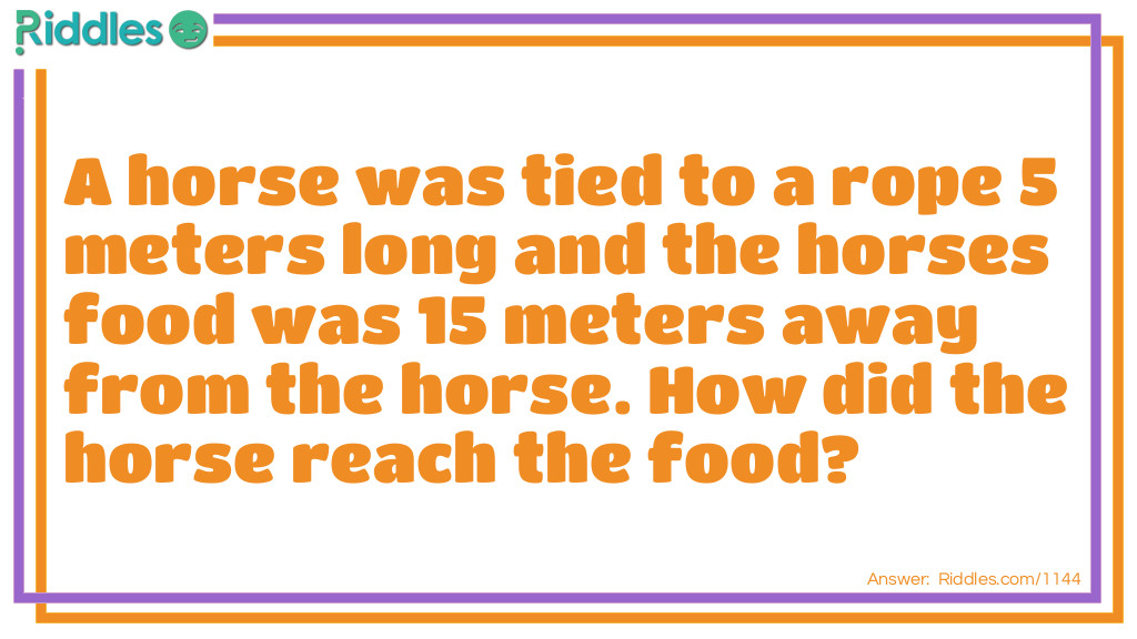 Riddle: A horse was tied to a rope 5 meters long and the horses food was 15 meters away from the horse. How did the horse reach the food? Answer: The rope wasn't tied to anything so he could reach the food.