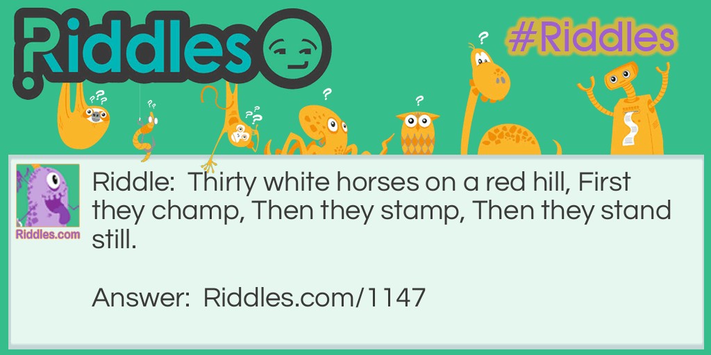 Thirty white horses on a red hill, First they champ, Then they stamp, Then they stand still. What are they?