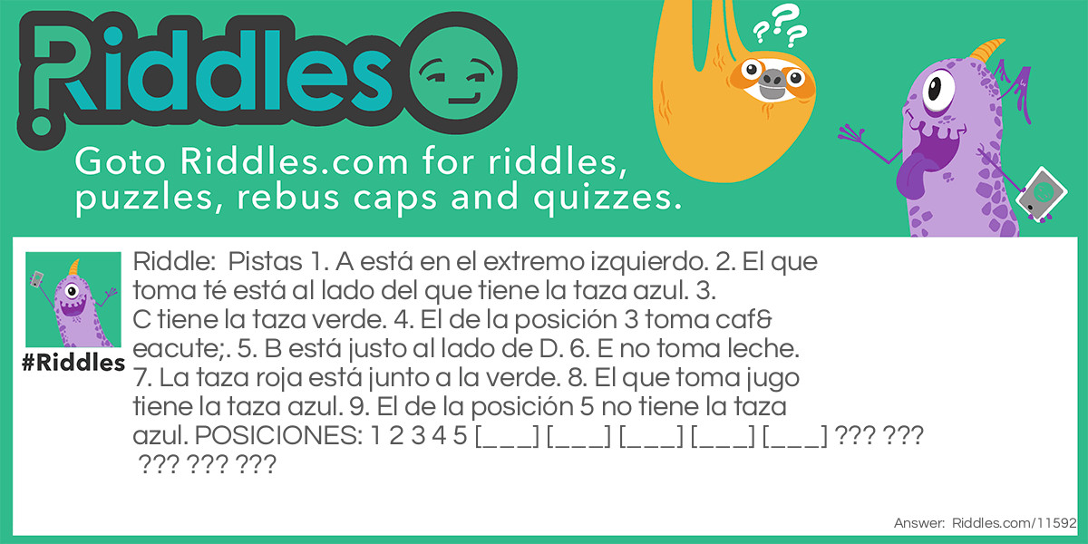 Pistas 1. A está en el extremo izquierdo. 2. El que toma té está al lado del que tiene la taza azul. 3. C tiene la taza verde. 4. El de la posición 3 toma café. 5. B está justo al lado de D. 6. E no toma leche. 7. La taza roja está junto a la verde. 8. El que toma jugo tiene la taza azul. 9. El de la posición 5 no tiene la taza azul. POSICIONES: 1 2 3 4 5 [___] [___] [___] [___] [___] ??? ??? ??? ??? ???