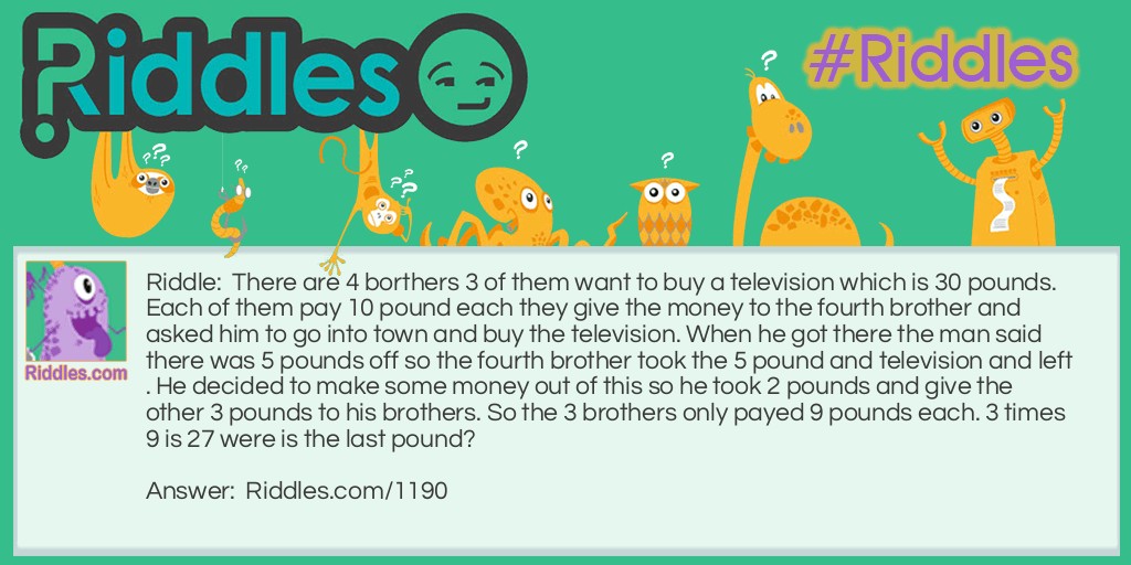 There are 4 borthers 3 of them want to buy a television which is 30 pounds. Each of them pay 10 pound each they give the money to the fourth brother and asked him to go into town and buy the television. When he got there the man said there was 5 pounds off so the fourth brother took the 5 pound and television and left. He decided to make some money out of this so he took 2 pounds and give the other 3 pounds to his brothers. So the 3 brothers only payed 9 pounds each. 3 times 9 is 27 were is the last pound?