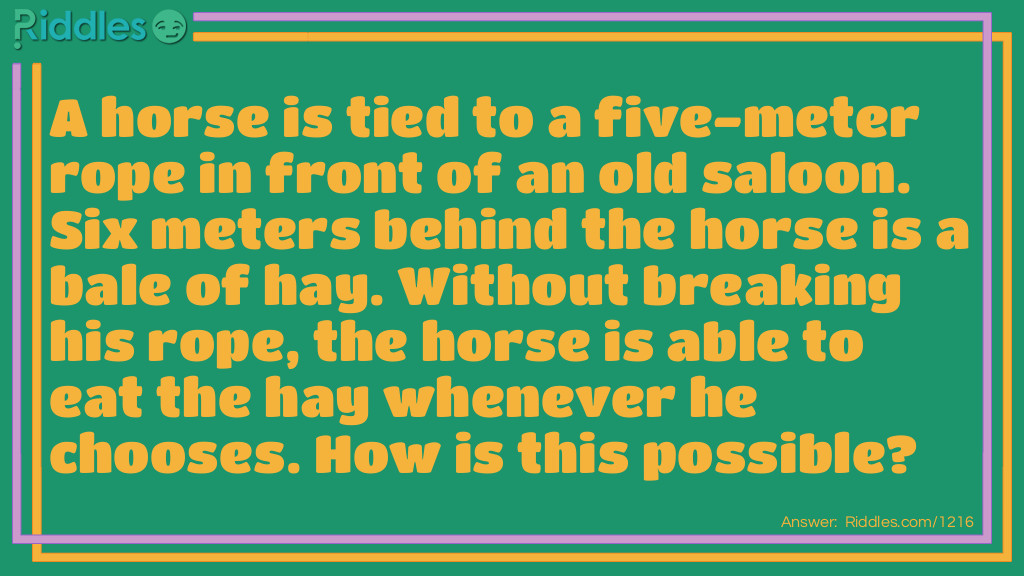 A horse is tied to a five-meter rope in front of an old saloon. Six meters behind the horse is a bale of hay. Without breaking his rope, the horse is able to eat the hay whenever he chooses. 
How is this possible?