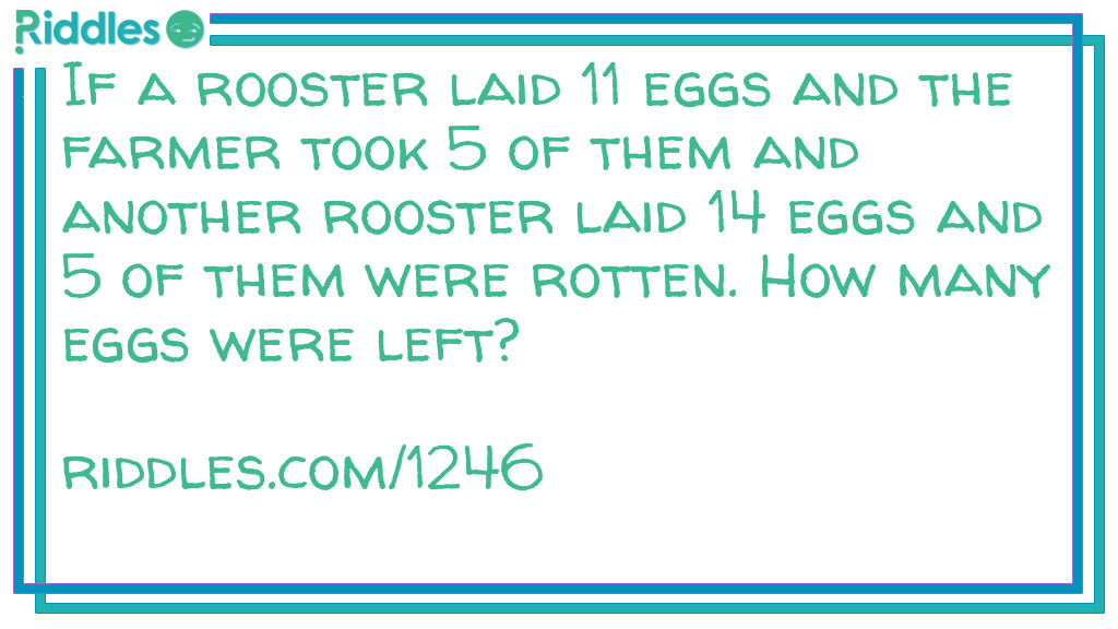 Riddle: If a rooster laid 11 eggs and the farmer took 5 of them and another rooster laid 14 eggs and 5 of them were rotten. How many eggs were left? Answer: 0, Roosters don't lay eggs.