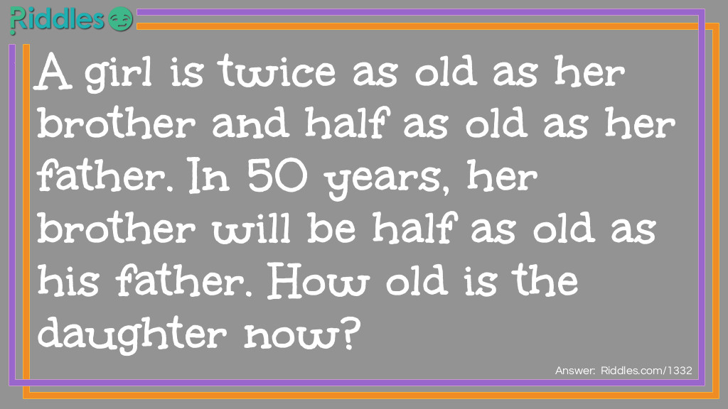 A girl is twice as old as her brother and half as old as her father. In 50 years, her brother will be half as old as his father. How old is the daughter now?