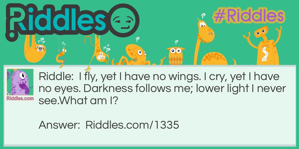 I fly, yet I have no wings. I cry, yet I have no eyes. Darkness follows me; lower light I never see.
What am I?