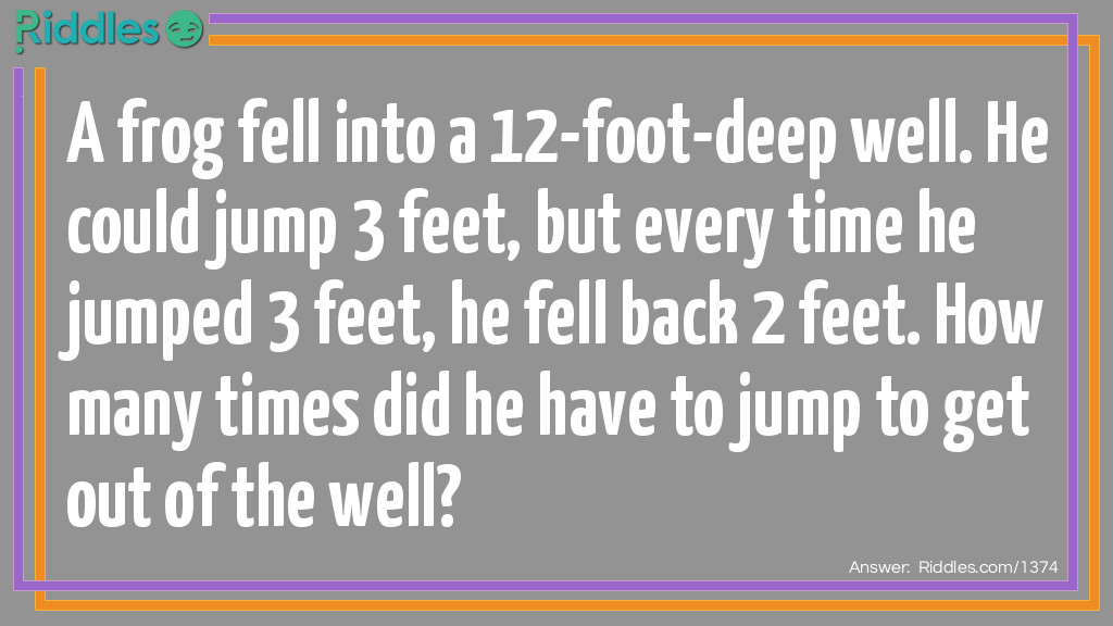 A frog fell into a well 12 feet deep. He could jump 3 feet, but every time he jumped 3 feet, he fell back 2 feet. How many times did he have to jump to get out of the well?