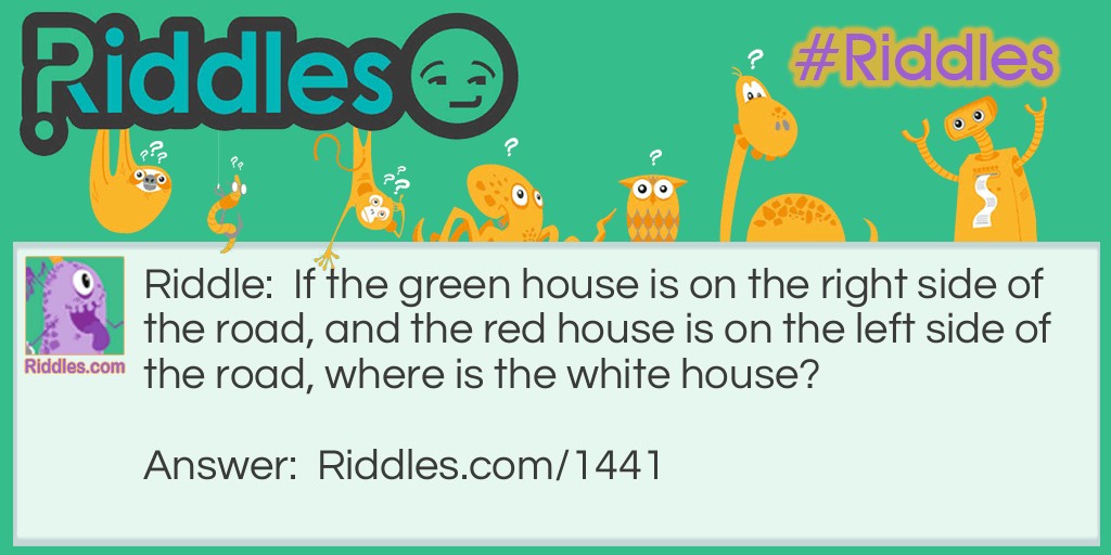 If the green house is on the right side of the road, and the red house is on the left side of the road, where is the white house?