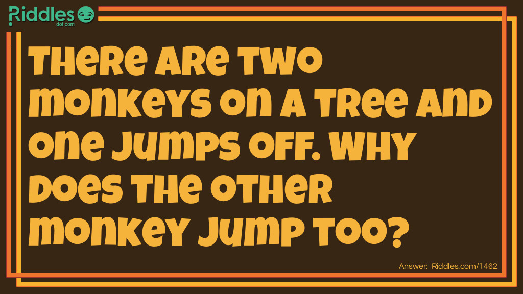 Riddle: There are two monkeys on a tree and one jumps off. Why does the other monkey jump too? Answer: Monkey see monkey do.