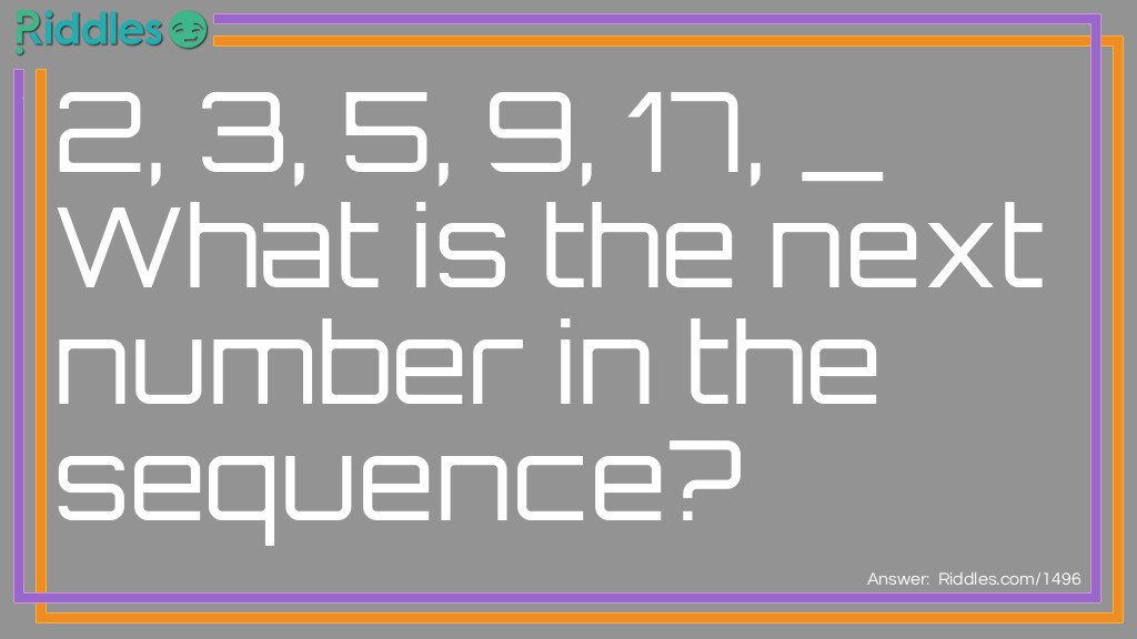 Riddle: What is the next number in the sequence? 2, 3, 5, 9, 17, _ Answer: 33. The pattern:  Double the previous number and subtract 1.