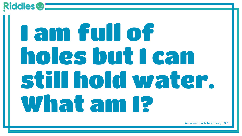 Riddle: I am full of holes but I can still hold water. What am I? Answer: A sponge!
