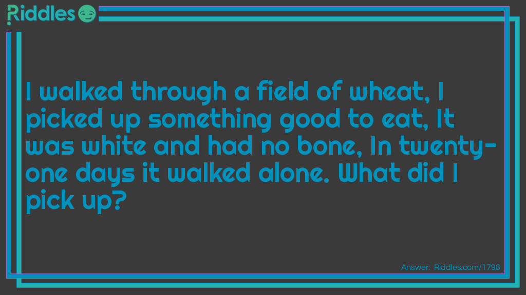 I walked through a field of wheat,
I picked up something good to eat,
It was white and had no bone,
In twenty-one days it walked alone.
What did I pick up?