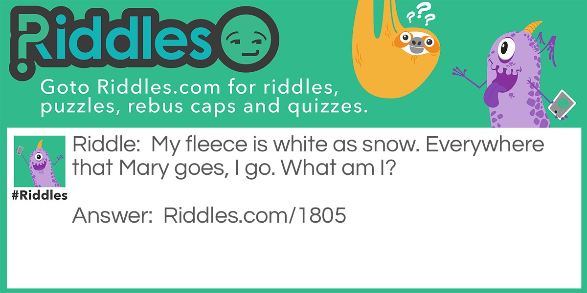 Riddle: My fleece is white as snow. Everywhere that Mary goes, I go. What am I? Answer: A lamb.
