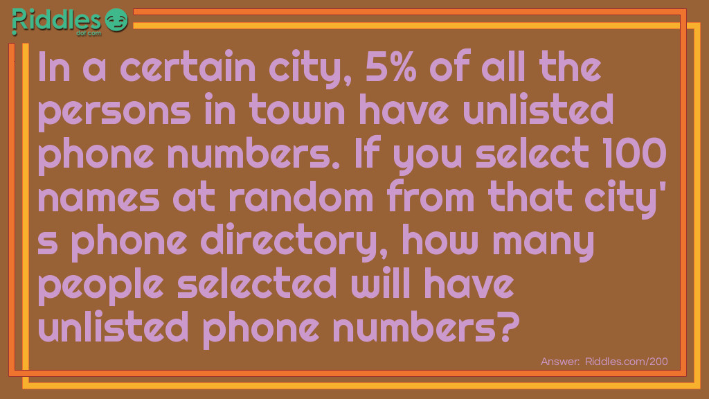 In a certain city, 5% of all the people in town have unlisted phone numbers. If you select 100 names at random from that city's phone directory, how many people selected will have unlisted phone numbers?