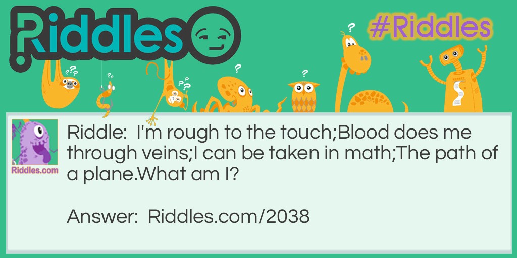 I'm rough to the touch;
Blood does me through veins;
I can be taken in math;
The path of a plane.
What am I? 