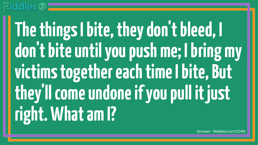 The things I bite, they don't bleed, 
I don't bite until you push me; 
I bring my victims together each time I bite, 
But they'll come undone if you pull it just right. 
What am I?