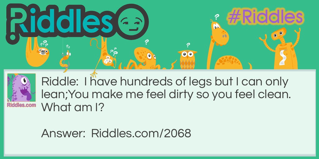 Riddle: I have hundreds of legs but I can only lean;
You make me feel dirty so you feel clean.
What am I? Answer: A Broom.