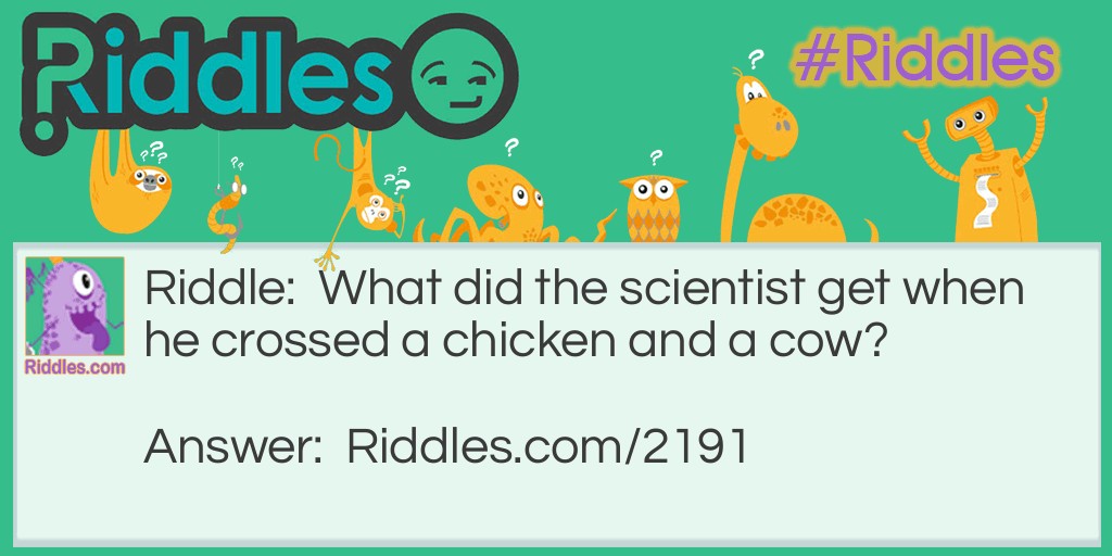 Riddle: What did the scientist get when he crossed a chicken and a cow? Answer: Roost beef.