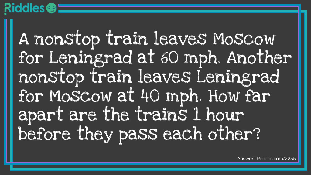 A nonstop train leaves Moscow for Leningrad at 60 mph. Another nonstop train leaves Leningrad for Moscow at 40 mph. How far apart are the trains 1 hour before they pass each other?