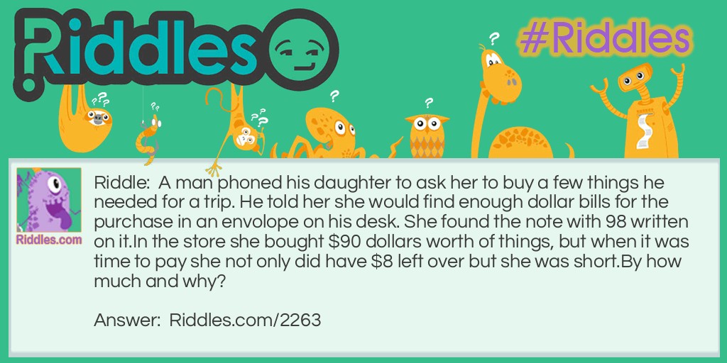 A man phoned his daughter to ask her to buy a few things he needed for a trip. He told her she would find enough dollar bills for the purchase in an envolope on his desk. She found the note with 98 written on it.
In the store she bought $90 dollars worth of things, but when it was time to pay she not only did have $8 left over but she was short.
By how much and why?