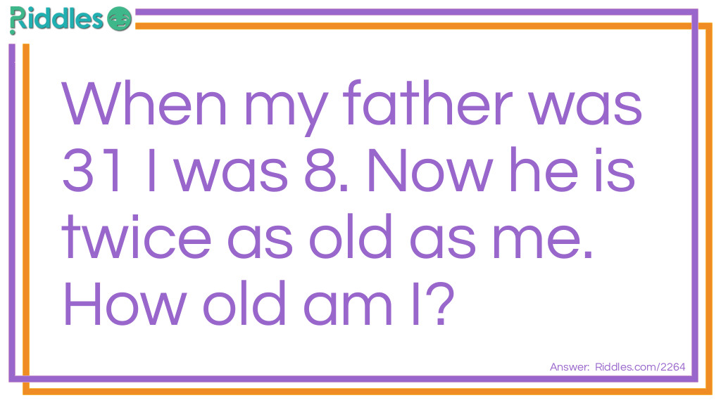 Fathers Day Riddles: When my father was 31 I was 8. Now he is twice as old as me. How old am I? Answer: The difference in age is 23 years, so I must be 23 if my father is twice as old as me.