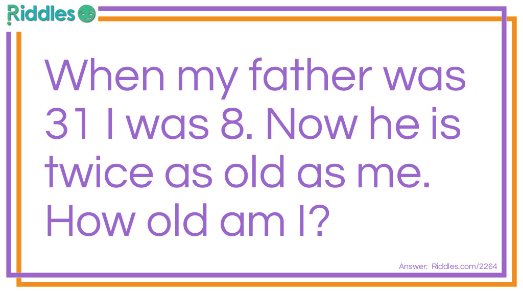 When my father was 31 I was 8. Now he is twice as old as me. How old am I?