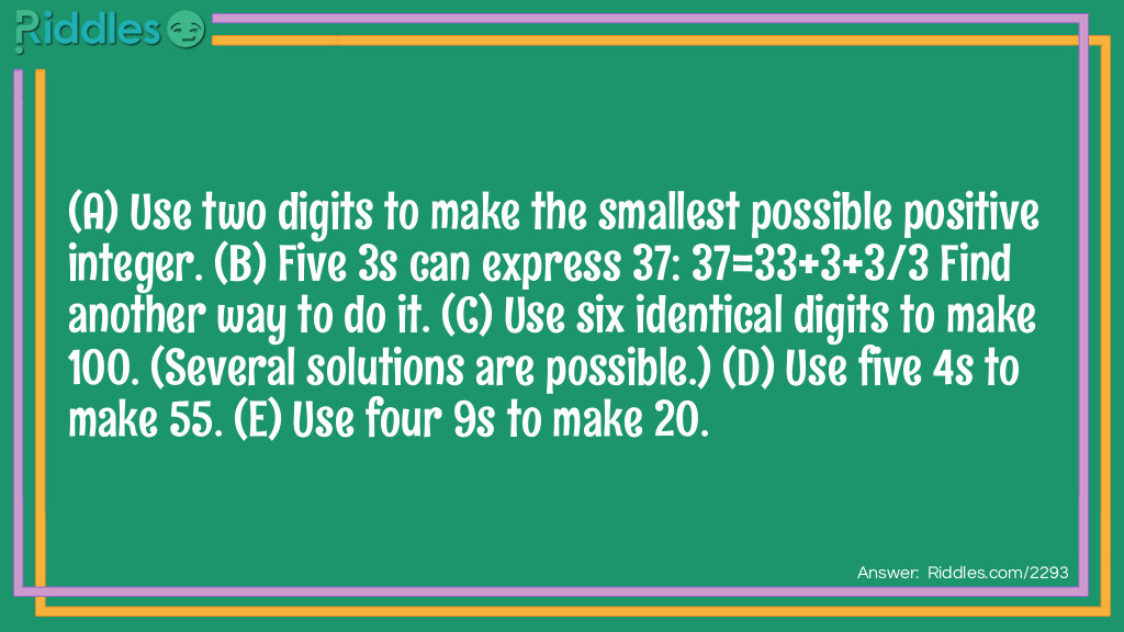 (A) Use two digits to make the smallest possible positive integer. 
(B) Five 3s can express 37: 37=33+3+3/3 
Find another way to do it. 
(C) Use six identical digits to make 100. (Several solutions are possible.) 
(D) Use five 4s to make 55. 
(E) Use four 9s to make 20. Riddle Meme.