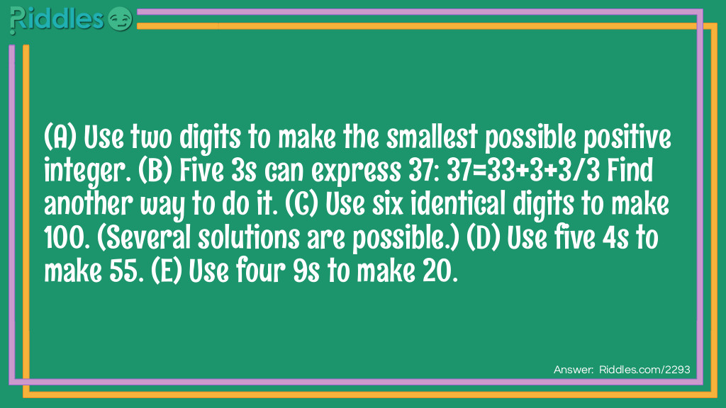 (A) Use two digits to make the smallest possible positive integer. 
(B) Five 3s can express 37: 37=33+3+3/3 
Find another way to do it. 
(C) Use six identical digits to make 100. (Several solutions are possible.) 
(D) Use five 4s to make 55. 
(E) Use four 9s to make 20.