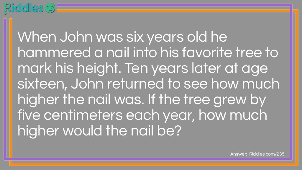 Riddle: When John was six years old he hammered a nail into his favorite tree to mark his height. Ten years later at age sixteen, John returned to see how much higher the nail was. If the tree grew by five centimeters each year, how much higher would the nail be? Answer: The nail would be at the same height since trees grow at their tops.