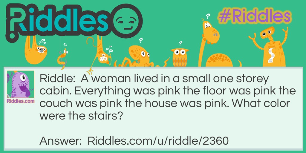 A woman lived in a small one storey cabin. Everything was pink the floor was pink the couch was pink the house was pink. What color were the stairs?