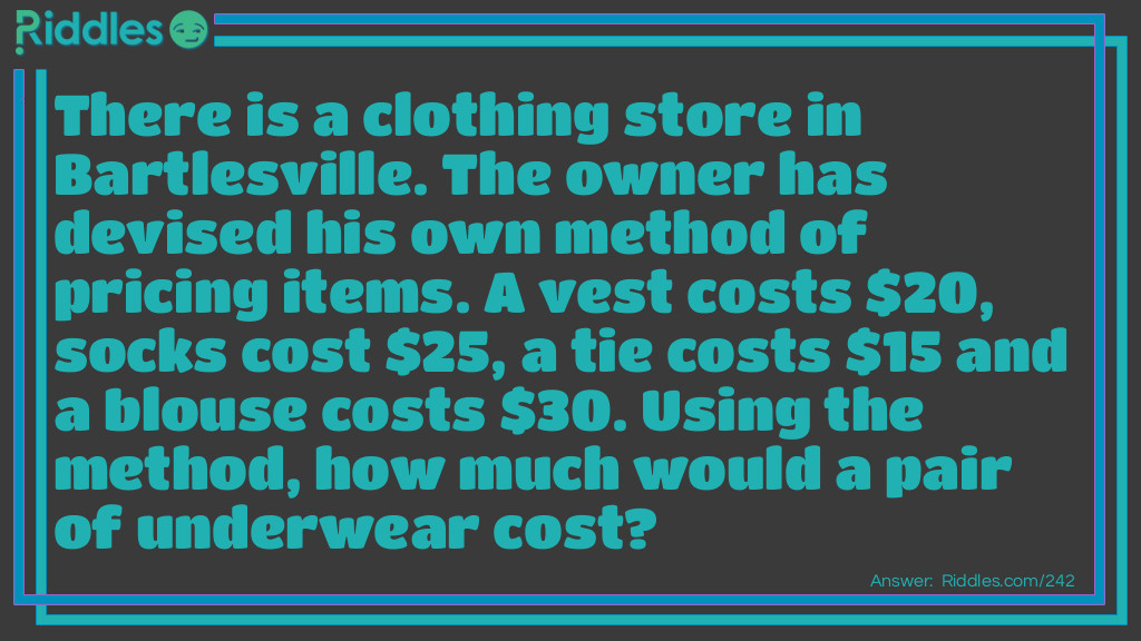 There is a clothing store in Bartlesville. The owner has devised his own method of pricing items. A vest costs $20, socks cost $25, a tie costs $15 and a blouse costs $30. Using the method, how much would a pair of underwear cost? Riddle Meme.