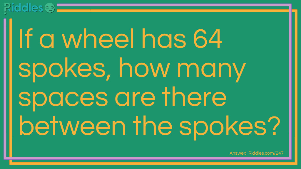 Riddle: If a wheel has 64 spokes, how many spaces are there between the spokes? Answer: 64. The space that comes after the 64th spoke, would be just before the first spoke.