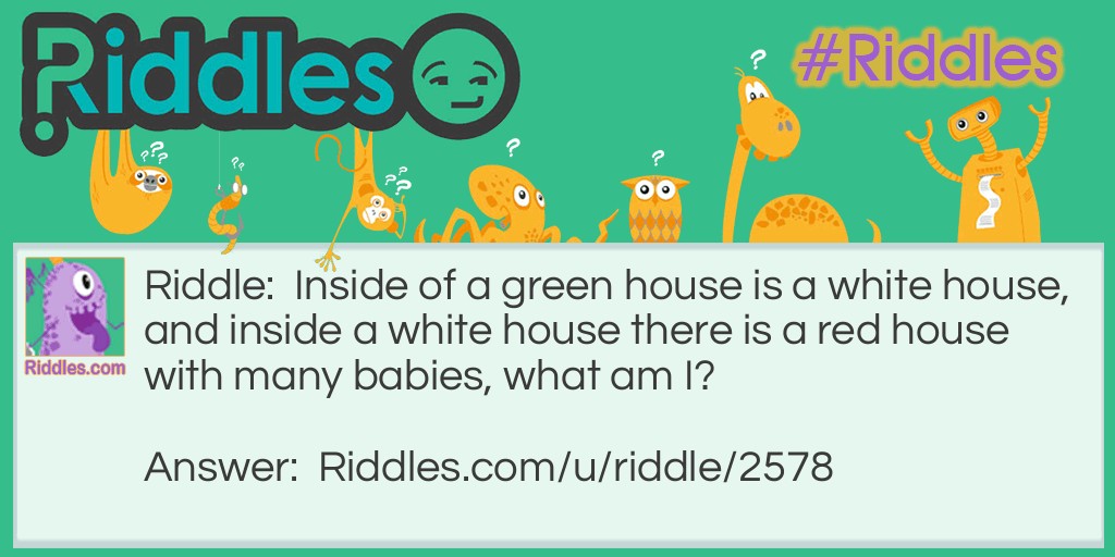 Inside of a green house is a white house, and inside a white house there is a red house with many babies, what am I?