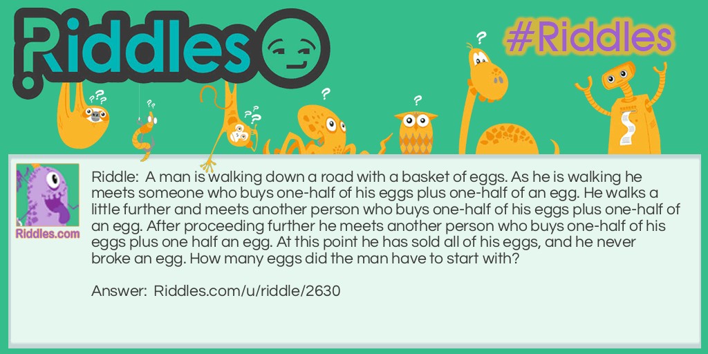 Riddle: A man is walking down a road with a basket of eggs. As he is walking he meets someone who buys one-half of his eggs plus one-half of an egg. He walks a little further and meets another person who buys one-half of his eggs plus one-half of an egg. After proceeding further he meets another person who buys one-half of his eggs plus one half an egg. At this point he has sold all of his eggs, and he never broke an egg. How many eggs did the man have to start with? Answer: 7 eggs. The first person bought one half of his eggs plus one half an egg (3 1/2 + 1/2 = 4 eggs) This left him 3 eggs. The second person bought one-half of his eggs plus one half an egg, (1 1/2 + 1/2 = 2 eggs) leaving the man 1 egg. The last person bought one-half of his eggs plus one-half an egg, (1/2 + 1/2 = 1 egg) leaving no eggs.