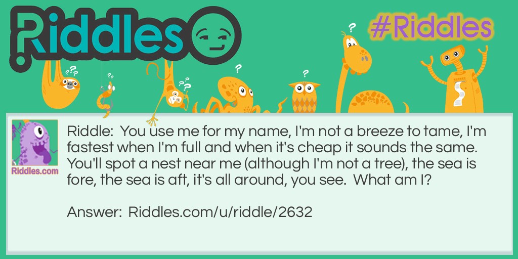 You use me for my name, I'm not a breeze to tame, I'm fastest when I'm full and when it's cheap it sounds the same. You'll spot a nest near me (although I'm not a tree), the sea is fore, the sea is aft, it's all around, you see.  What am I?