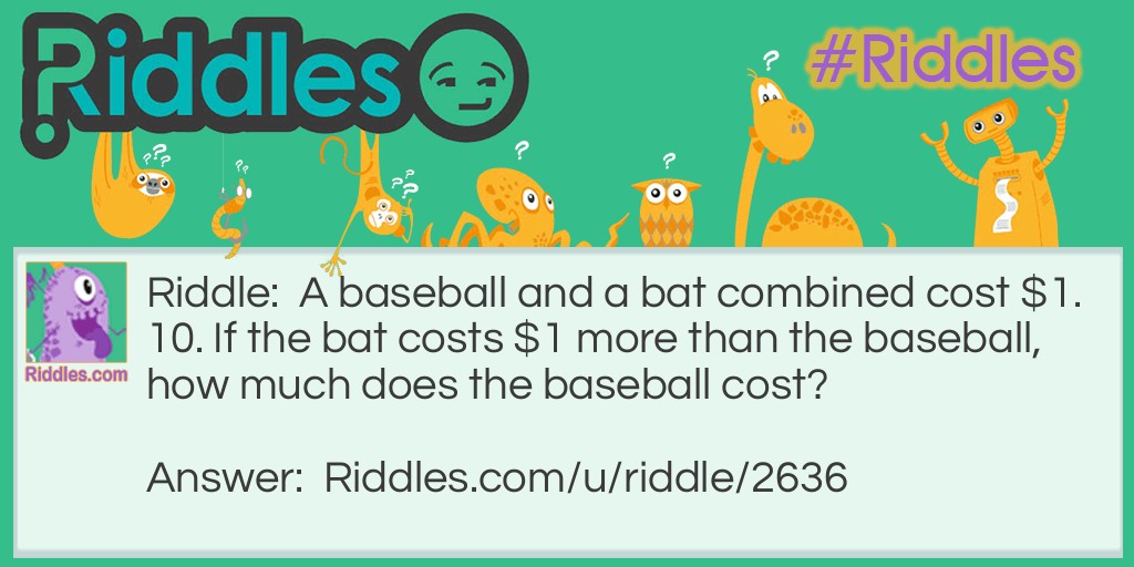 A baseball and a bat combined cost $1.10. If the bat costs $1 more than the baseball, how much does the baseball cost?