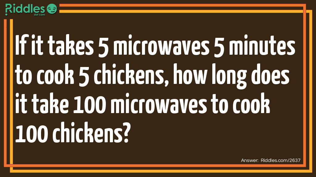 Riddle: If it takes 5 microwaves 5 minutes to cook 5 chickens, how long does it take 100 microwaves to cook 100 chickens? Answer: 5 minutes. We can assume that one chicken is placed in each microwave and that each chicken takes 5 minutes to cook.