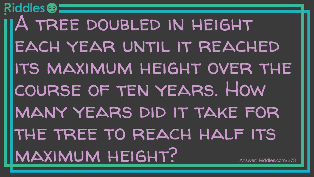 A tree doubled in height each year until it reached its maximum height over the course of ten years. How many years did it take for the tree to reach half its maximum height?