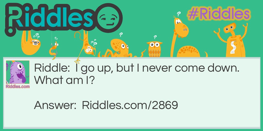 Riddle: I go up, but I never come down. What am I? Answer: Your age!