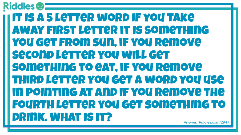 Words: It is a 5 letter word if you take away first letter it is something you get from sun, if you remove second letter you will get something to eat, if you remove third letter you get a word you use in pointing at and if you remove the fourth letter you get something to drink. What is it? Answer: Wheat.