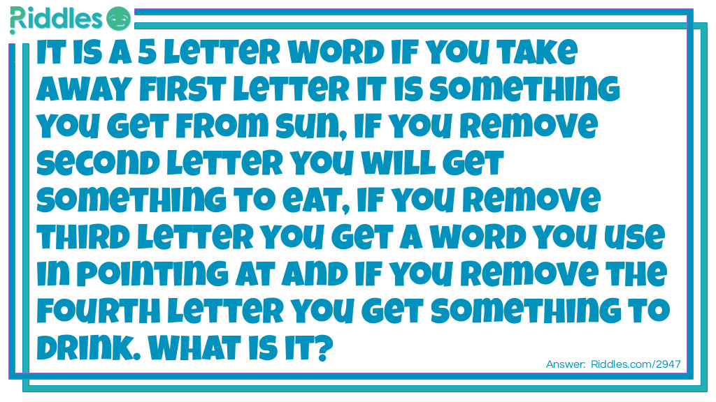 It is a 5 letter word if you take away first letter it is something you get from sun, if you remove second letter you will get something to eat, if you remove third letter you get a word you use in pointing at and if you remove the fourth letter you get something to drink. What is it?