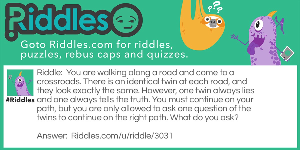 You are walking along a road and come to a crossroads. There is an identical twin at each road, and they look exactly the same. However, one twin always lies and one always tells the truth. You must continue on your path, but you are only allowed to ask one question of the twins to continue on the right path. What do you ask?