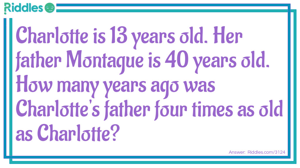 Riddle: Charlotte is 13 years old. Her father Montague is 40 years old. How many years ago was Charlotte's father four times as old as Charlotte? Answer: Four years ago. When Charlotte was 9 her father was 36, 4 times her age.