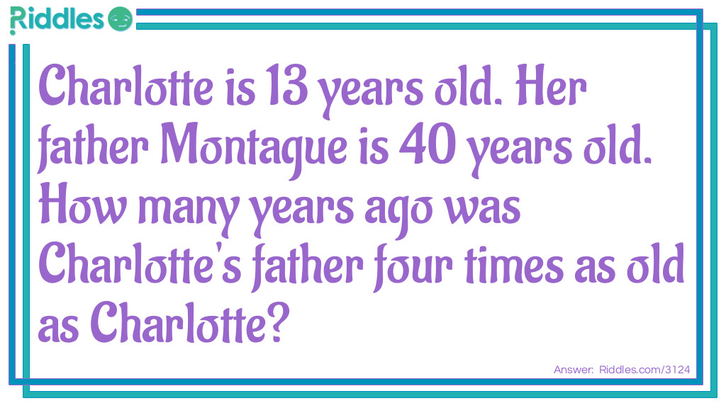 Charlotte is 13 years old. Her father Montague is 40 years old. How many years ago was Charlotte's father four times as old as Charlotte?