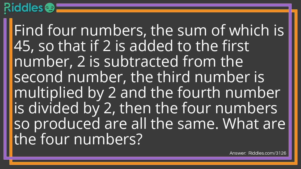 Riddle: Find four numbers, the sum of which is 45, so that if 2 is added to the first number, 2 is subtracted from the second number, the third number is multiplied by 2 and the fourth number is divided by 2, then the four numbers so produced are all the same. What are the four numbers? Answer:  8 + 2 = 10
12 - 2 = 10
  5 x 2 = 10
<span style="text-decoration: underline;">20 ÷ 2 = 10</span>45