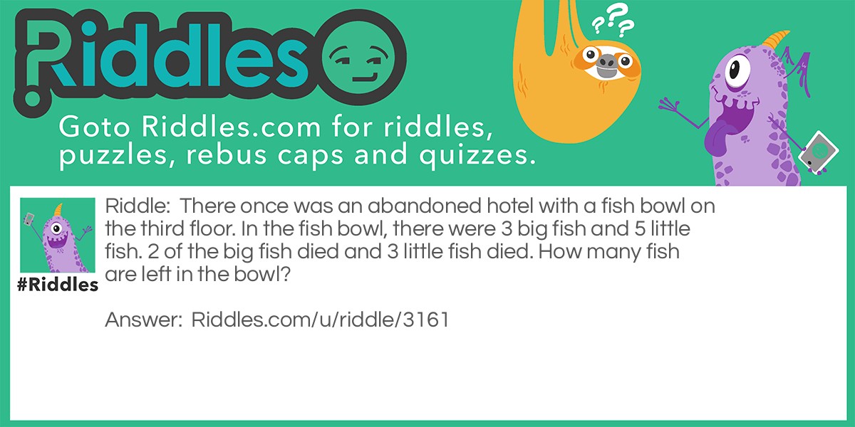 There once was an abandoned hotel with a fish bowl on the third floor. In the fish bowl, there were 3 big fish and 5 little fish. 2 of the big fish died and 3 little fish died. How many fish are left in the bowl?