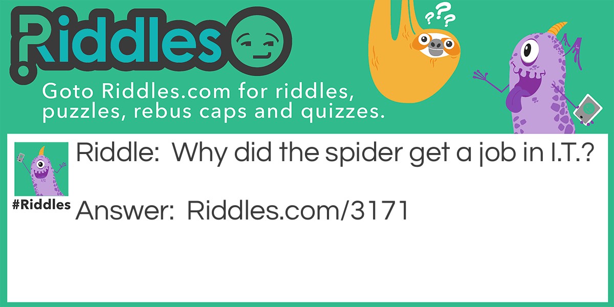 Riddle: Why did the spider get a job in I.T.? Answer: Because he was a great web designer.